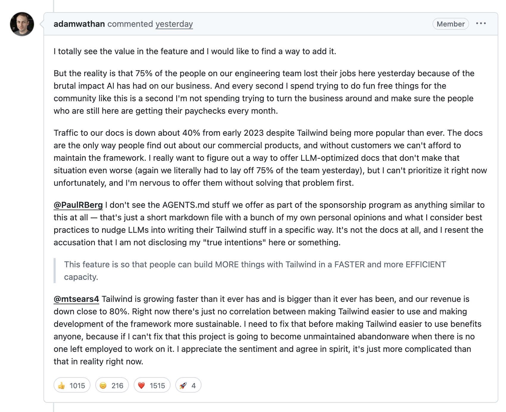 Adam Wathan's comment on the Tailwind PR